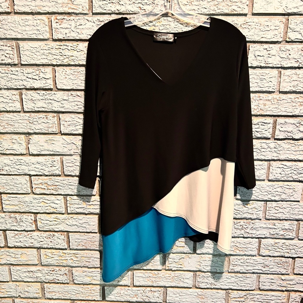 Sympliw Womens Colorblock Asymmetrical V-Neck Tunic Top Black Teal Cream Size 10